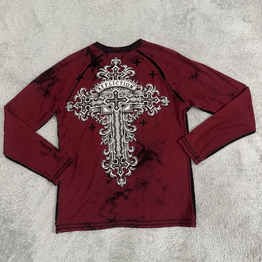 VTG Affliction Live Fast Shirt Gothic Cross Long Sleeve Men’s M Red USA Made